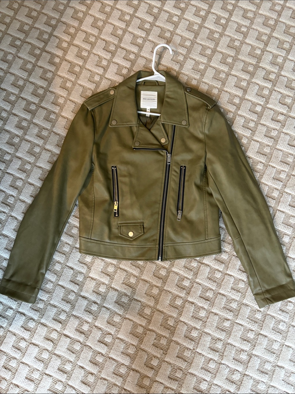 Avec Les Filles Olive Green Faux Leather Moto Jacket